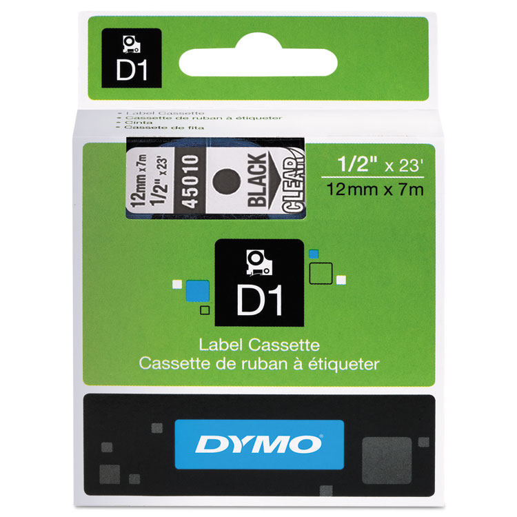 Picture of D1 High-Performance Polyester Removable Label Tape, 1/2" x 23 ft, Black on Clear