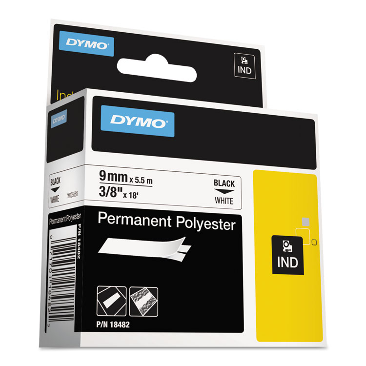 Picture of Rhino Permanent Poly Industrial Label Tape, 3/8" x 18 ft, White/Black Print