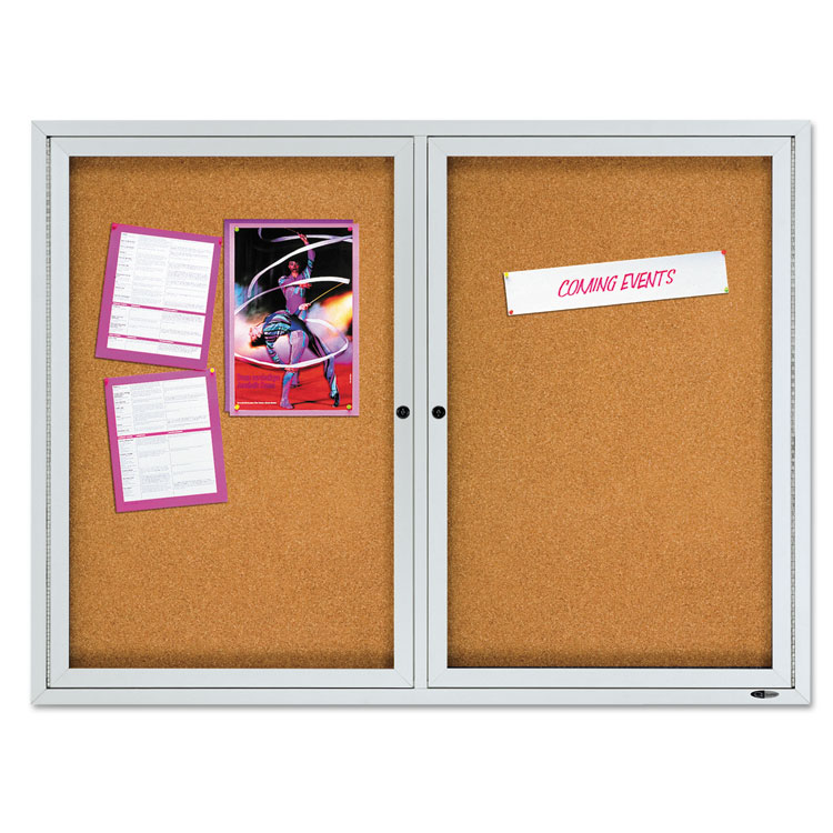 Picture of Enclosed Cork Bulletin Board, Cork/Fiberboard, 48" x 36", Silver Aluminum Frame