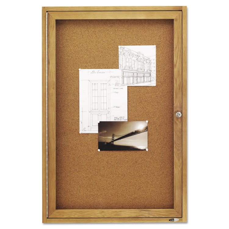 Picture of Enclosed Bulletin Board, Natural Cork/Fiberboard, 24 x 36, Oak Frame