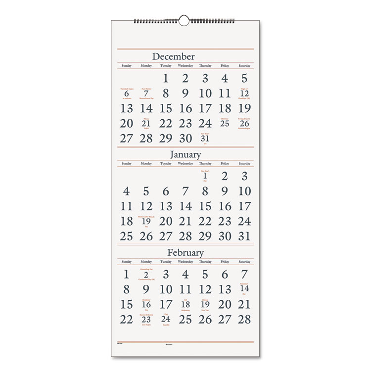 Picture of Three-Month Reference Wall Calendar, 12 x 27, 