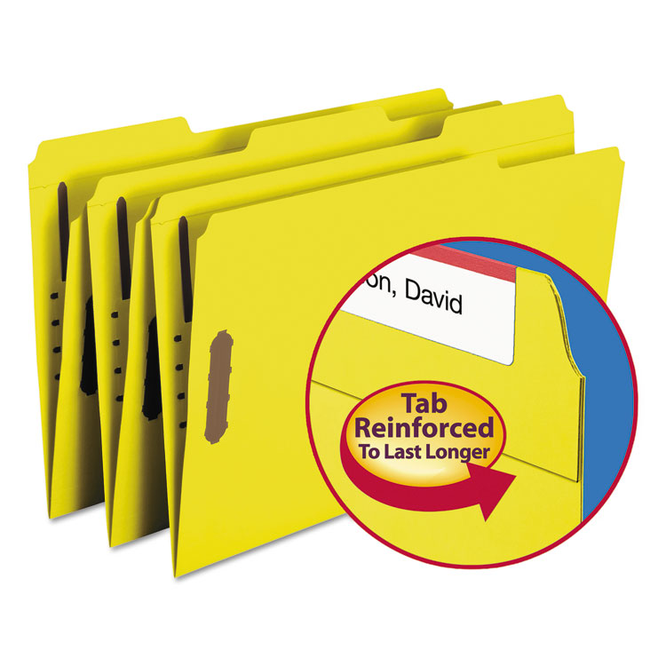 Picture of Folders, Two Fasteners, 1/3 Cut Assorted, Top Tab, Legal, Yellow, 50/Box