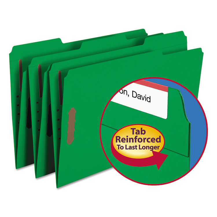 Picture of Folders, Two Fasteners, 1/3 Cut Assorted Top Tab, Legal, Green, 50/Box