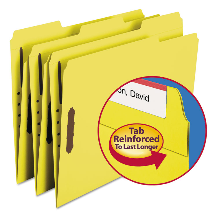 Picture of Folders, Two Fasteners, 1/3 Cut Assorted Top Tab, Letter, Yellow, 50/Box