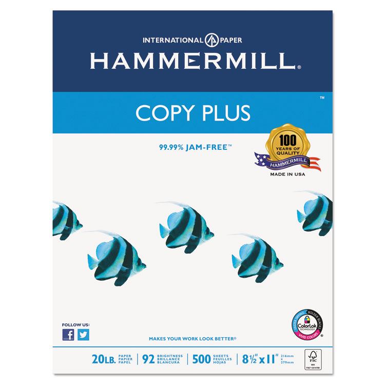 Picture of Copy Paper, Printer Paper, Hammermill® Copy Plus, 92 Brightness, 20lb, 8-1/2 x 11, White, 5000 Sheets/Carton