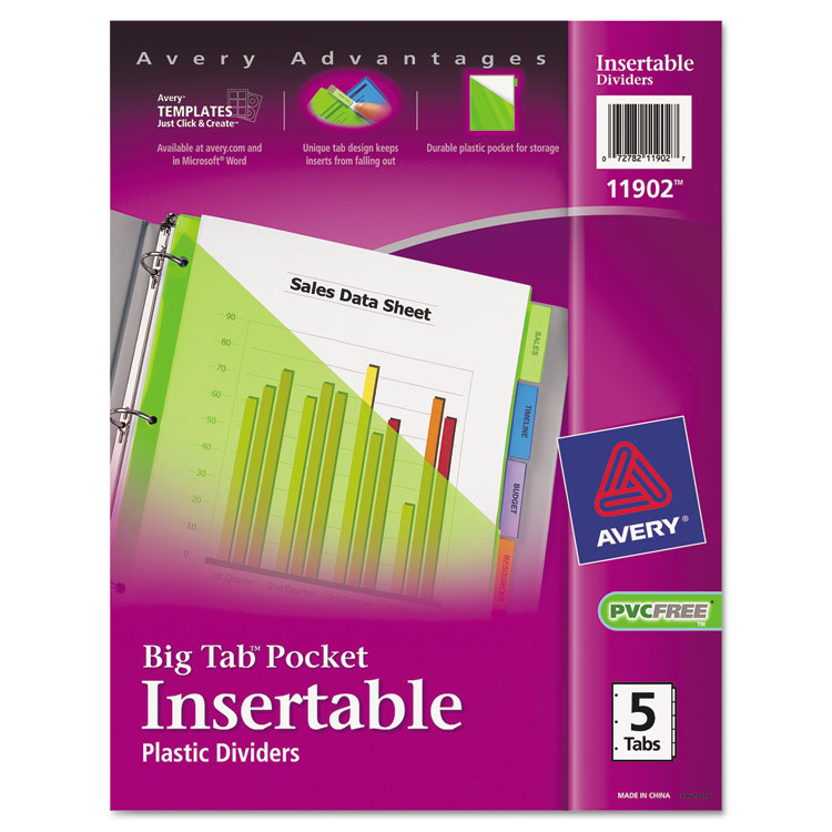 Picture of Insertable Big Tab Plastic Dividers w/Single Pockets, 5-Tab, 11 1/8 x 9 1/4