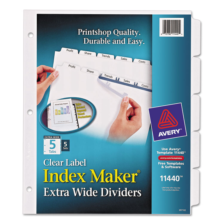 Picture of Print & Apply Clear Label Dividers w/White Tabs, 5-Tab, 11 1/4 x 9 1/4, 5 Sets