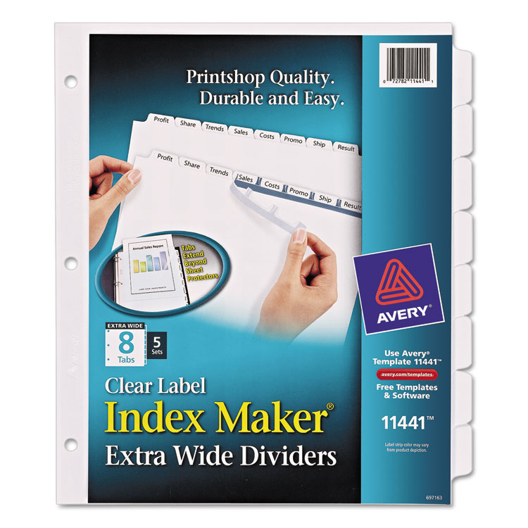 Picture of Print & Apply Clear Label Dividers w/White Tabs, 8-Tab, 11 1/4 x 9 1/4, 5 Sets