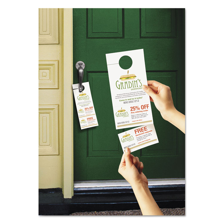 Picture of Door Hanger w/Tear-Away Cards, 4 1/4 x 11, Matte White, 10/Sheet, 40 Sheets/Pack
