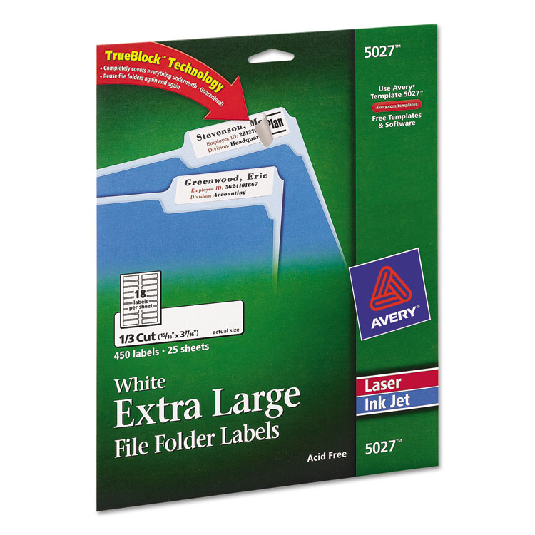 Picture of X-Large 1/3-Cut File Folder Labels w/TrueBlock, 15/16 x 3 7/16, White, 450/Pack