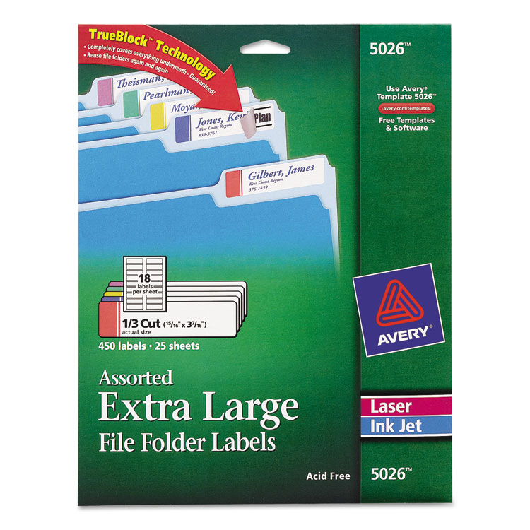 Picture of X-Large 1/3-Cut File Folder Labels w/TrueBlock, 15/16 x 3 7/16, WE/ASST, 450/PK