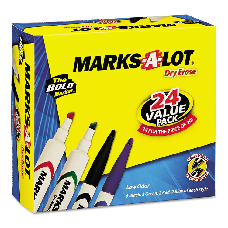Picture of Desk/Pen Style Combo Dry Erase Marker, Chisel/Bullet Tip, Assorted, 24/Pack