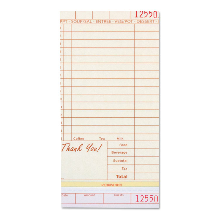 Picture of Guest Check Book, Carbonless Triplicate, 4 1/5 X 8 1/2, 200/pack, 10 Packs/ctn