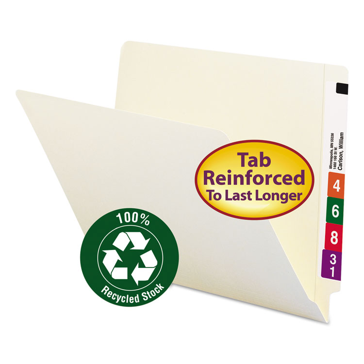 Picture of 100% Recycled End Tab Folders, Reinforced Tab, Letter Size, Manila, 100/Box