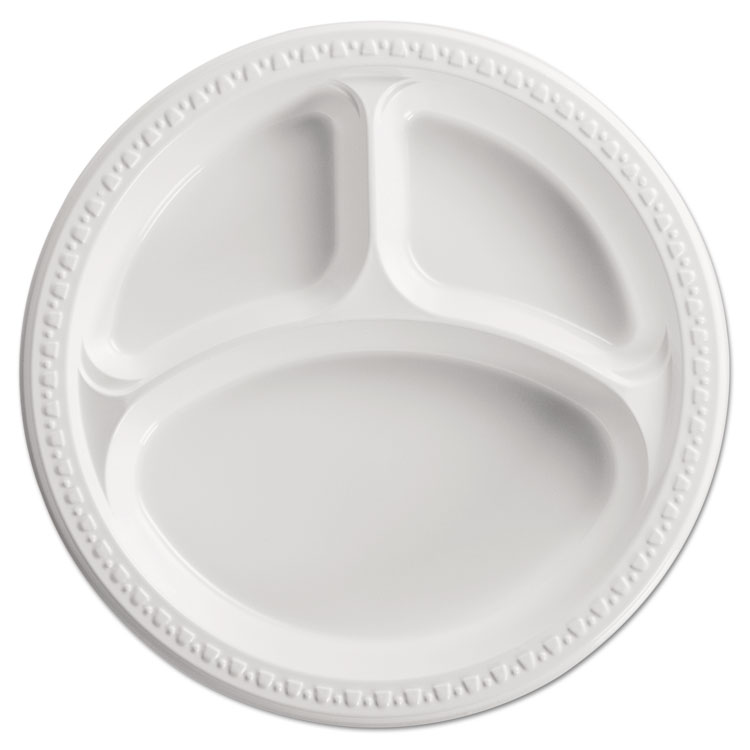 Picture of Heavyweight Plastic 3 Compartment Plates, 10 1/4" Dia, White, 125/pk, 4 Pk/ct
