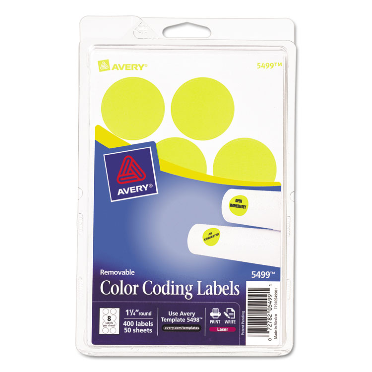 Picture of Printable Removable Color-Coding Labels, 1 1/4" dia, Neon Yellow, 400/Pack