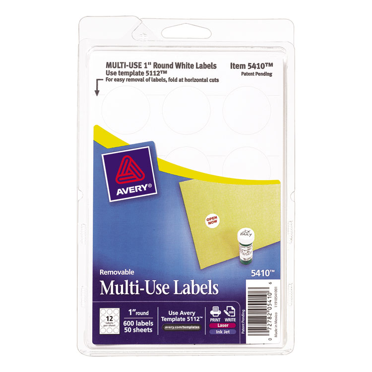 Picture of Removable Multi-Use Labels, 1" dia, White, 600/Pack