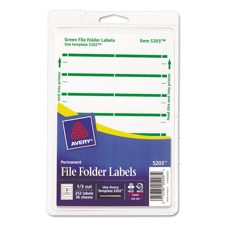 Picture of Print or Write File Folder Labels, 11/16 x 3 7/16, White/Green Bar, 252/Pack