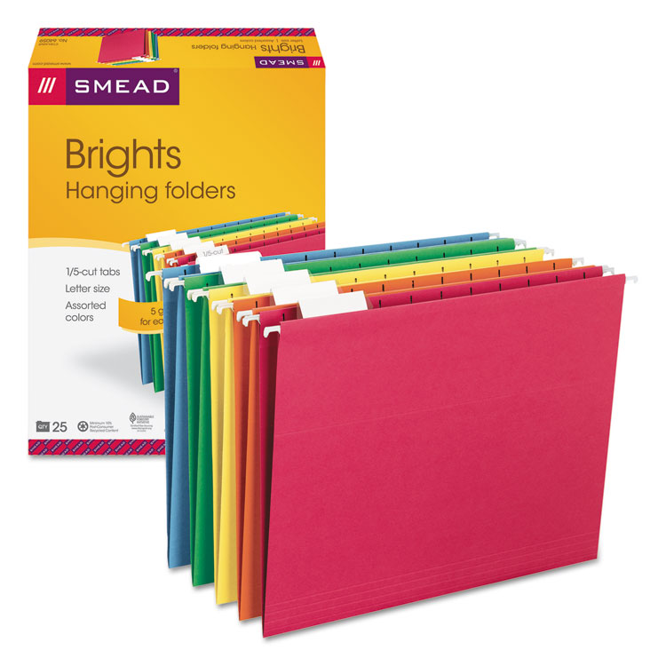 Picture of Hanging File Folders, 1/5 Tab, 11 Point Stock, Letter, Assorted Colors, 25/Box