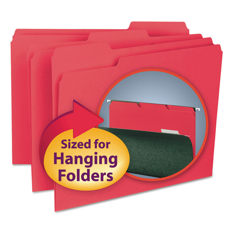Picture of Interior File Folders, 1/3 Cut Top Tab, Letter, Red, 100/Box