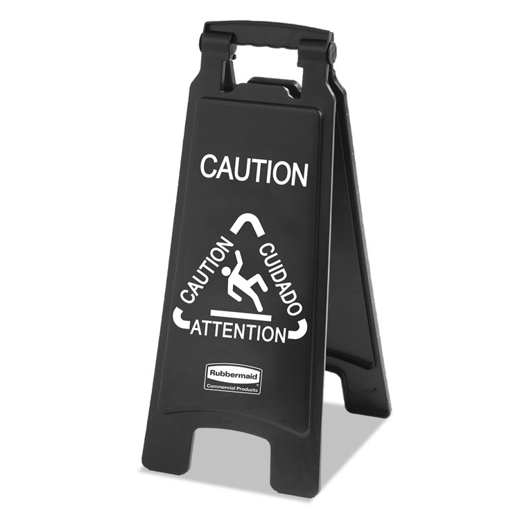 Picture of Executive 2-Sided Multi-Lingual Caution Sign, Black/White, 10 9/10 x 26 1/10