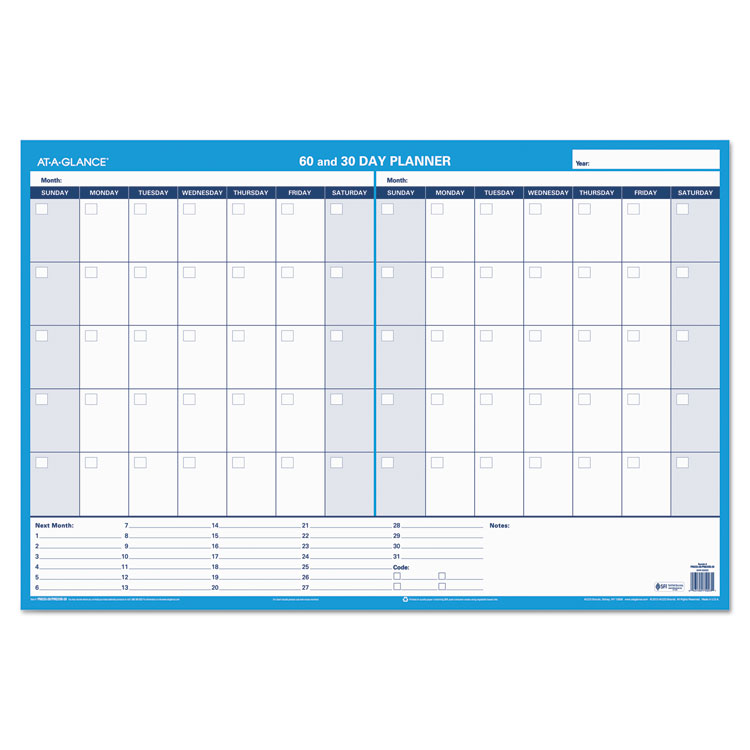 30/60-Day Undated Horizontal Erasable Wall Planner, 36 x 24, White/Blue,