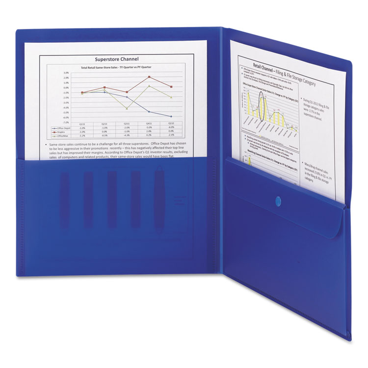 Picture of Poly Two-Pocket Folder w/Security Pocket, 11 x 8 1/2, Blue, 5/Pack