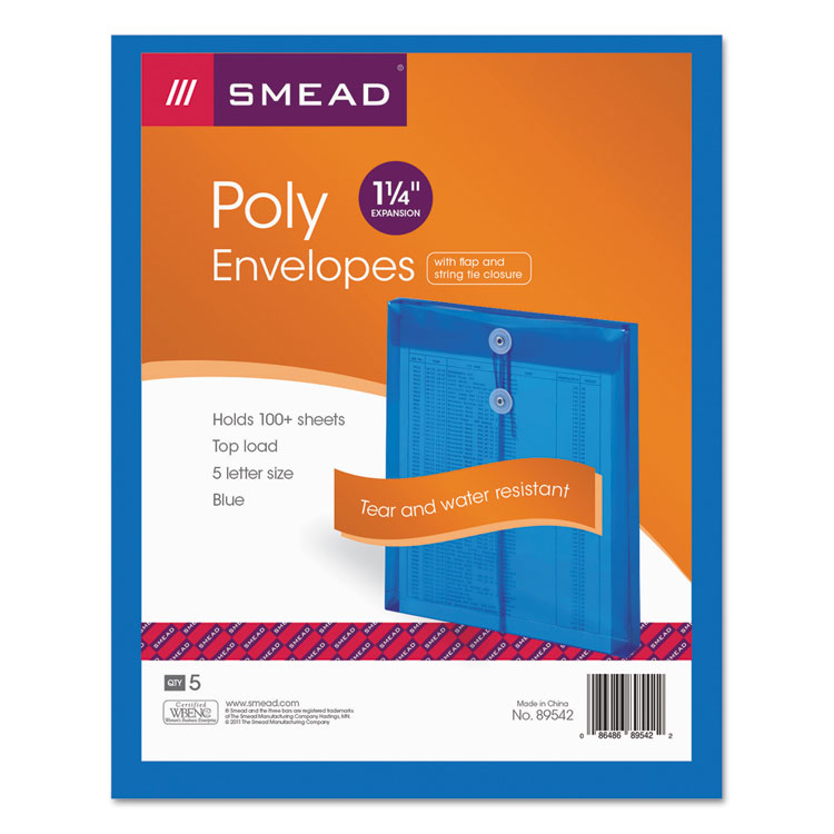 Picture of Poly String & Button Envelope, 9 3/4 x 11 5/8 x 1 1/4, Blue, 5/Pack