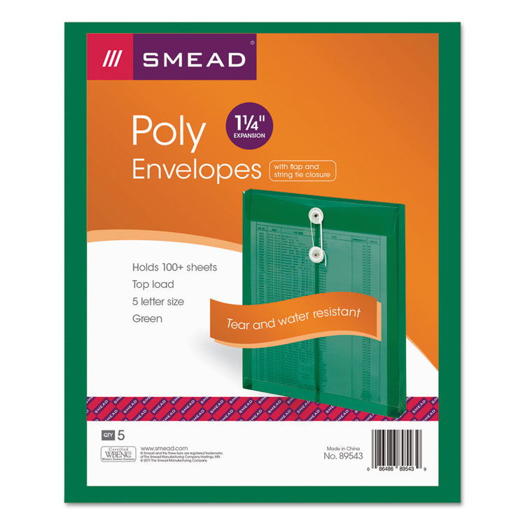 Picture of Poly String & Button Envelope, 9 3/4 x 11 5/8 x 1 1/4, Green, 5/Pack
