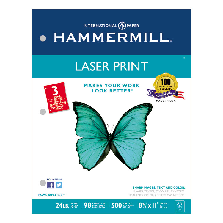 Picture of Laser Print Office Paper, 3-Hole Punch, 98 Brightness, 24lb, Ltr, White, 500/Rm