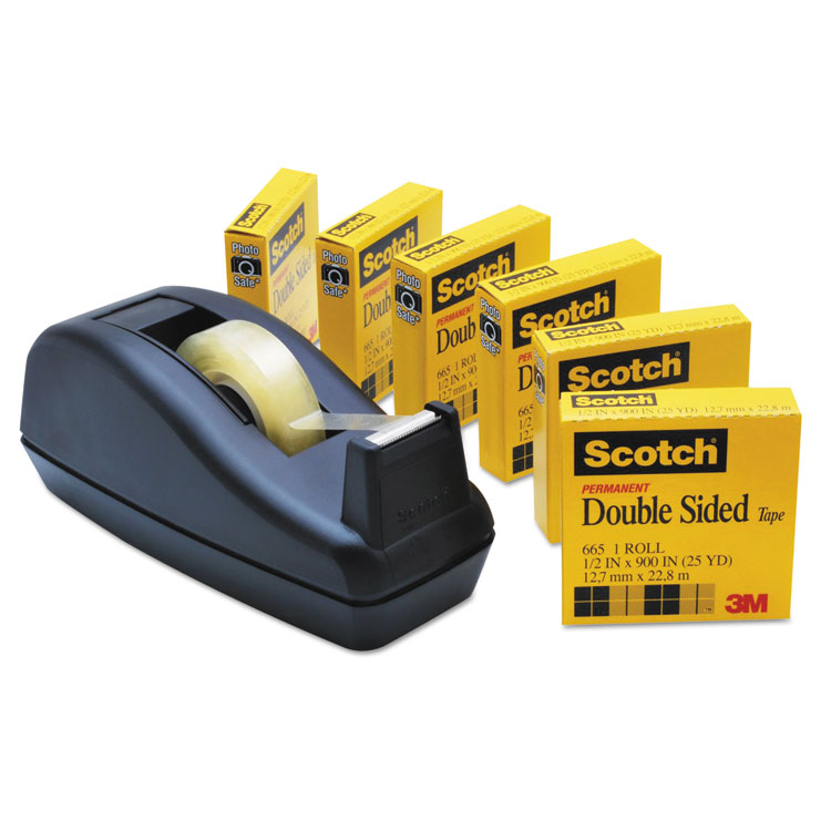 Picture of Scotch® 665 Double-Sided Permanent Tape with C40 Dispenser, 1/2" x 900", Clear, 6/Pack (MMM6656PKC40)