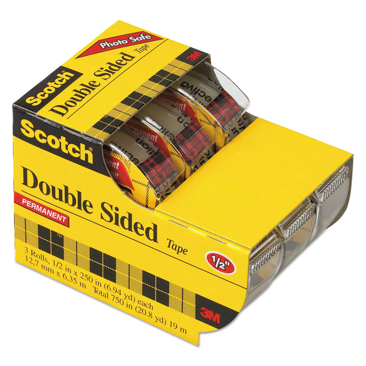 Picture of 665 Double-Sided Permanent Tape in Hand Dispenser, 1/2" x 250", Clear, 3/Pack