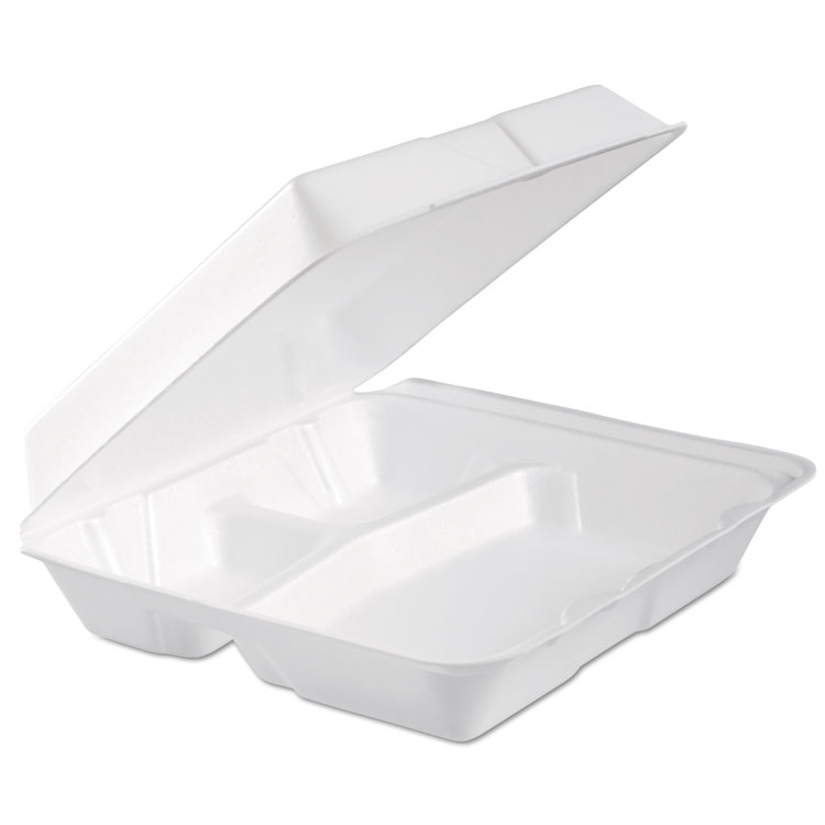 Picture of Foam Hinged Lid Container, 3-Comp, 9.3 X 9 1/2 X 3, White, 100/bag, 2 Bag/carton