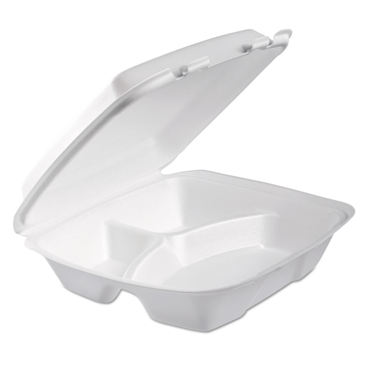 Picture of Foam Hinged Lid Container, 3-Comp, 9 X 9 2/5 X 3, White, 100/bag, 2 Bag/carton