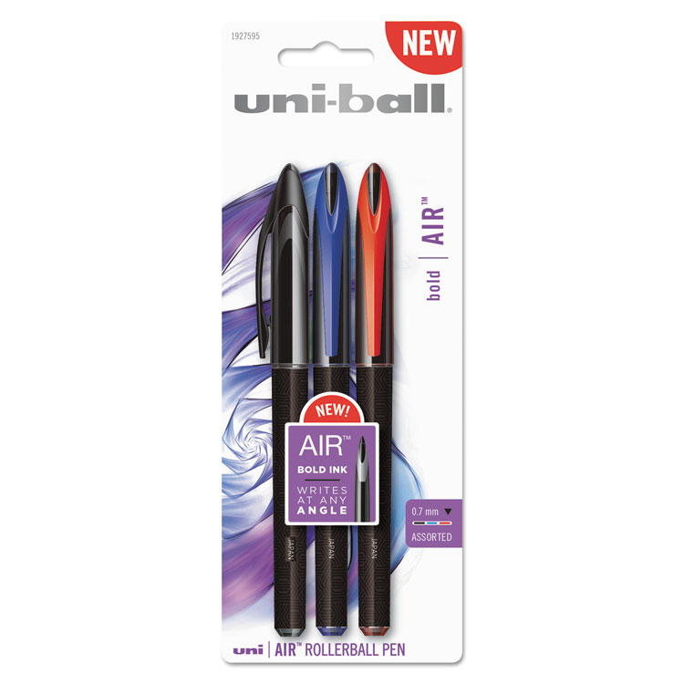 Air Stick Roller Ball Pen, Medium 0.7mm, Assorted Ink, Black Barrel, 3/Pack