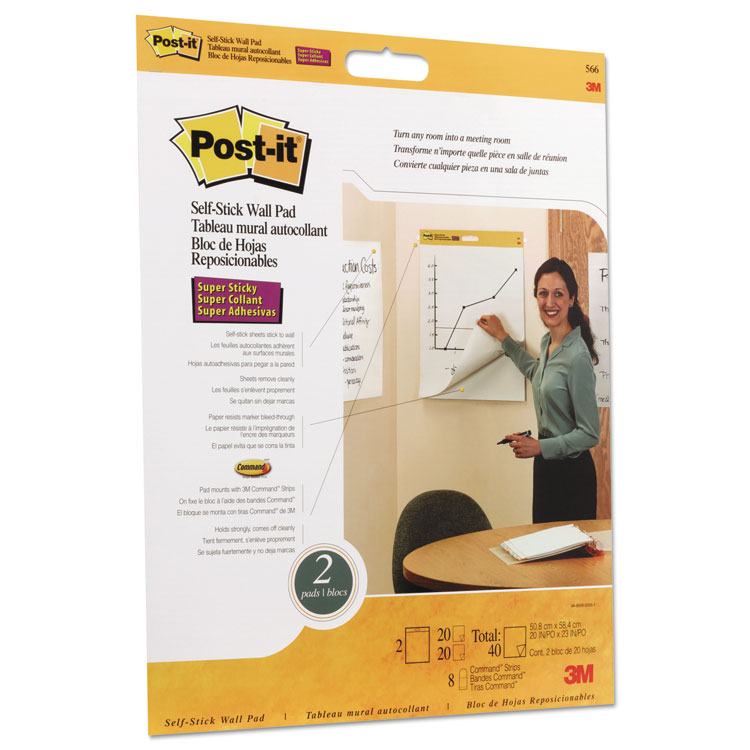 Picture of Self Stick Wall Easel Unruled Pad, 20 x 23, White, 20 Sheets, 4 Pads/Carton
