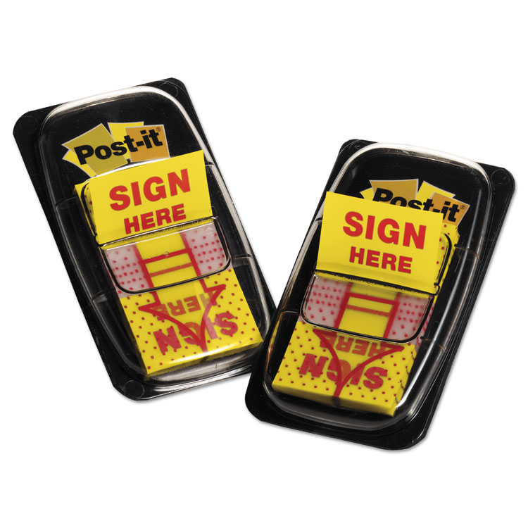 Picture of Arrow Message 1" Page Flags, "Sign Here", Yellow, 2 50-Flag Dispensers/Pack