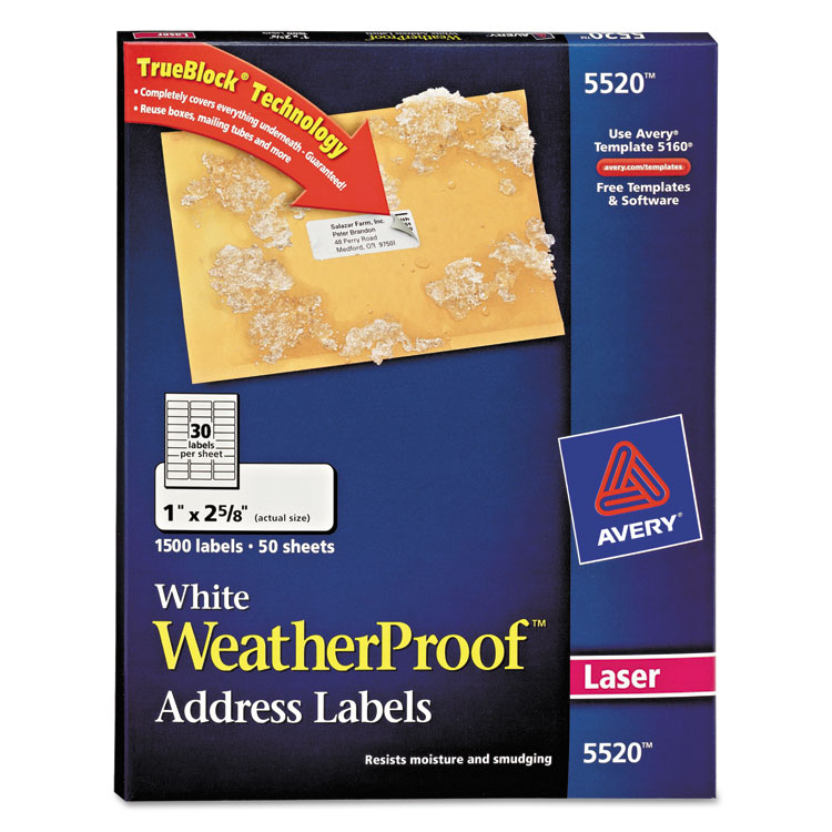 Picture of WeatherProof Addess Labels w/TrueBlock, Laser, White, 1 x 2 5/8, 1500/Pack