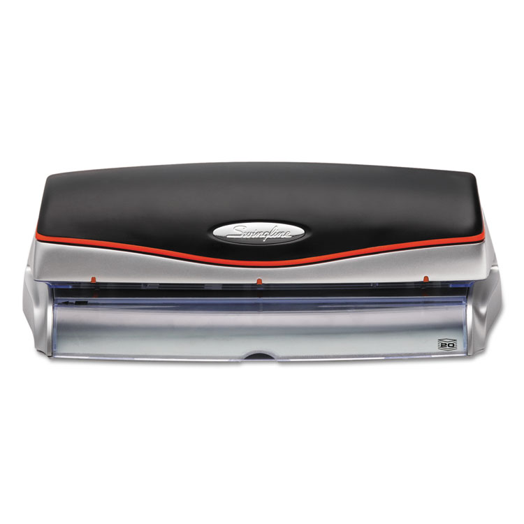 Picture of 20-Sheet Optima Electric/Battery Three-Hole Punch, 9/32" Holes, Silver/Black