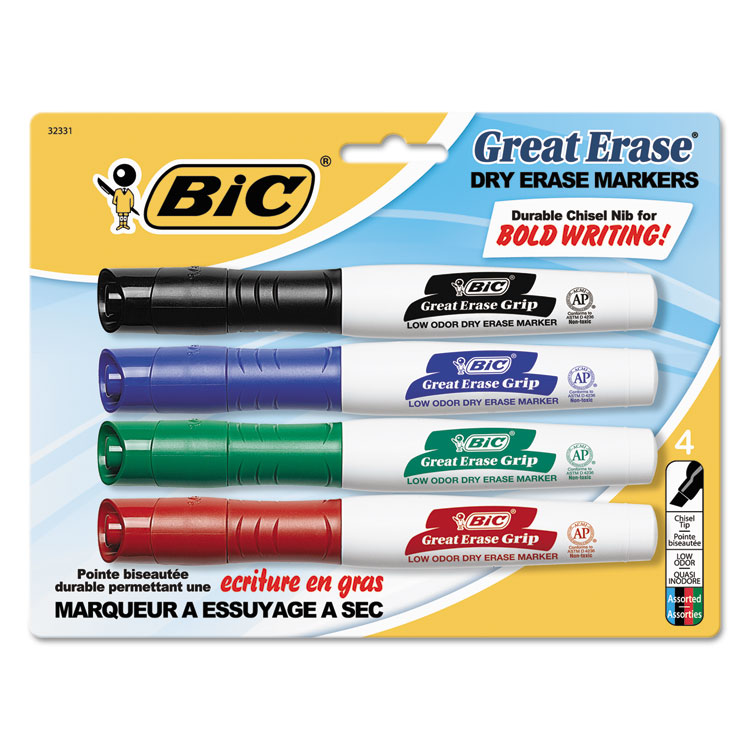 Picture of Great Erase Grip Chisel Tip Dry Erase Marker, Assorted, 4/Set