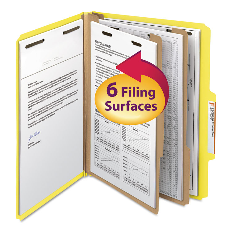 Picture of Top Tab Classification Folder, Two Dividers, Six-Section, Letter, Yellow, 10/Box