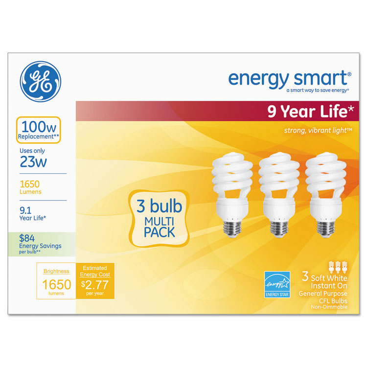 Energy Smart Compact Fluorescent Light Bulb, 1650 lm, 120 V, Soft White, 3/Pack