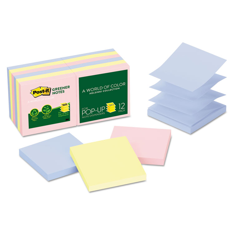 Picture of Recycled Pop-up Notes, 3 x 3, Assorted Helsinki Colors, 100-Sheet, 12/Pack