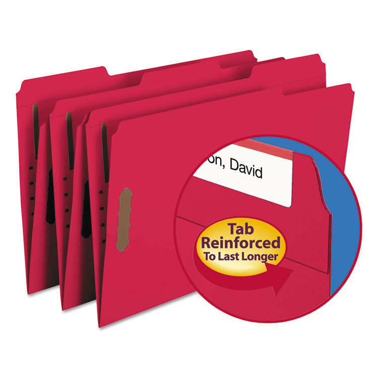 Picture of Folders, Two Fasteners, 1/3 Cut Assorted, Top Tab, Legal, Red, 50/Box