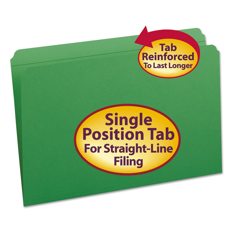 Picture of File Folders, Straight Cut, Reinforced Top Tab, Legal, Green, 100/Box