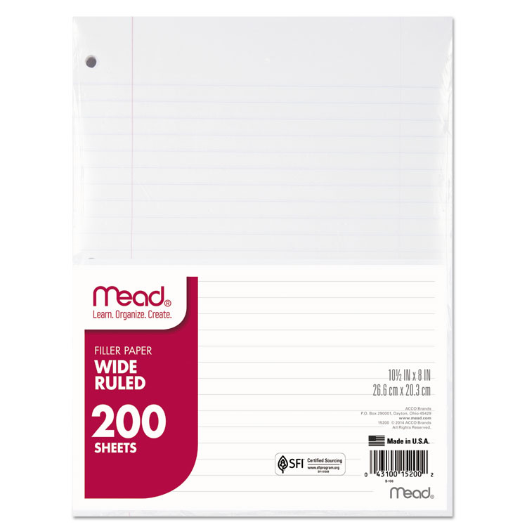 Picture of Filler Paper, 15lb, Wide Rule, 3 Hole, 10 1/2 x 8, 200 Sheets