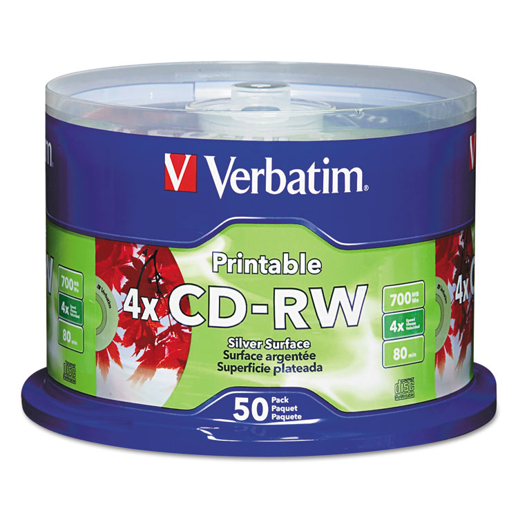 Picture of CD-RW Discs, Printable, 700MB/80min, 4x, Spindle, Silver, 50/Pack