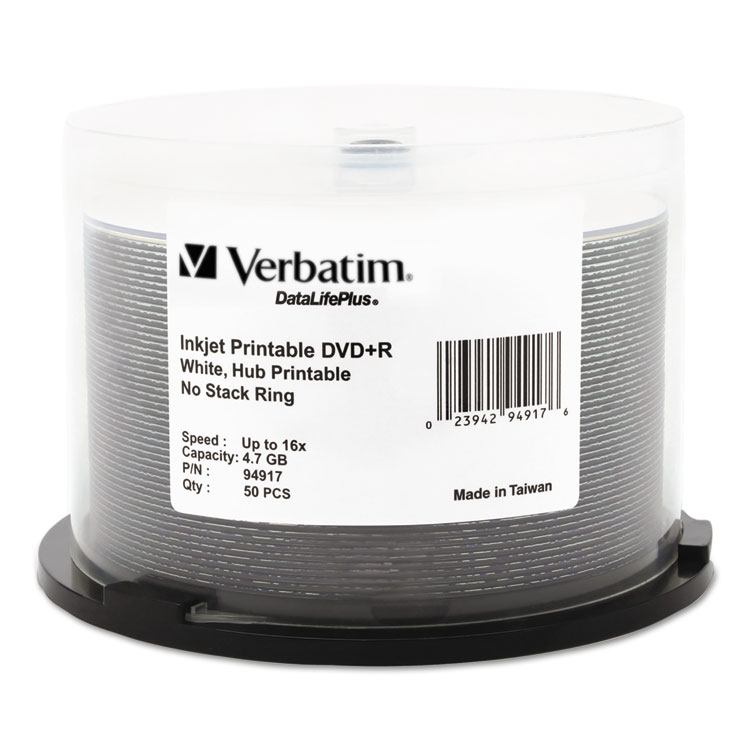 Picture of Inkjet Printable DVD+R Discs, 4.7GB, 16x, Spindle, White, 50/Pack
