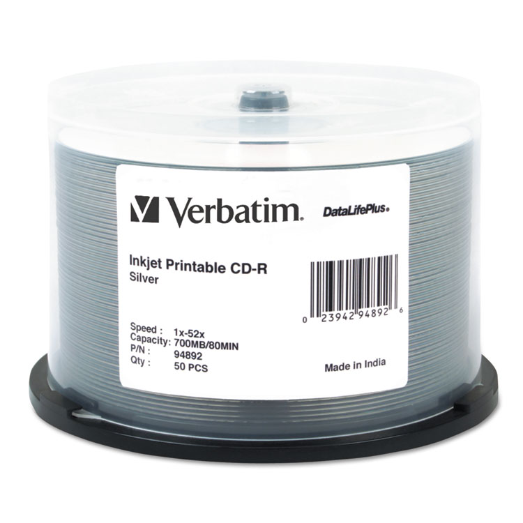 Picture of CD-R Discs, Printable, 700MB/80min, 52x, Spindle, Silver, 50/Pack