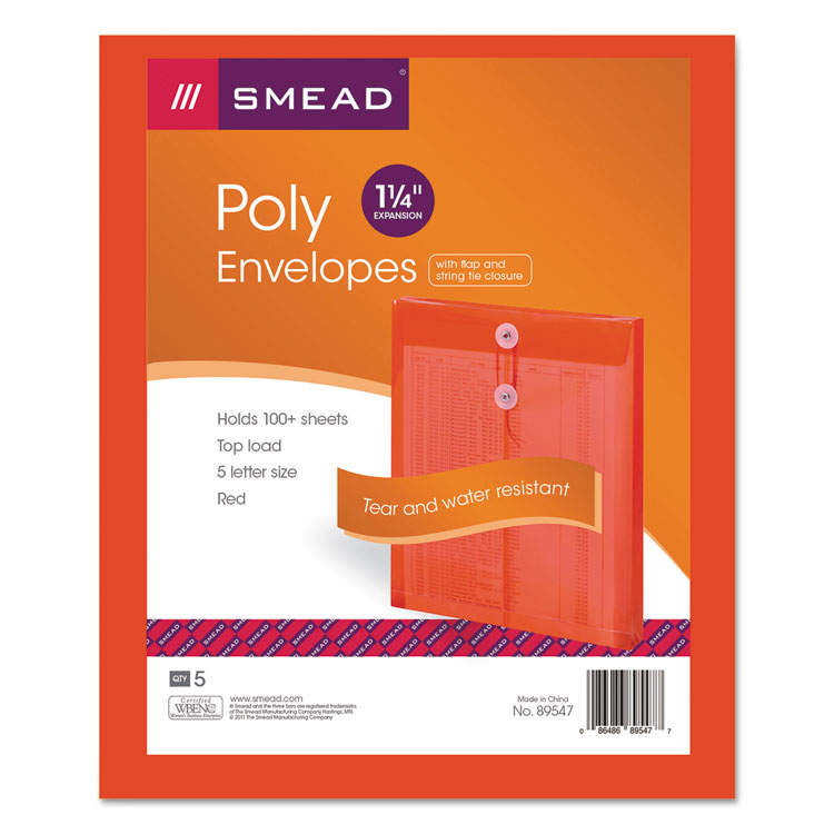 Picture of Poly String & Button Envelope, 9 3/4 x 11 5/8 x 1 1/4, Red, 5/Pack